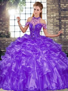 Luxurious Halter Top Sleeveless Sweet 16 Dresses Floor Length Beading and Ruffles Purple Organza