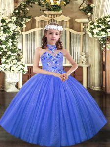  Ball Gowns Kids Pageant Dress Blue Halter Top Tulle Sleeveless Floor Length Lace Up