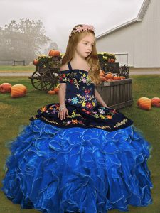 Stunning Organza Straps Sleeveless Lace Up Embroidery and Ruffles Pageant Gowns For Girls in Blue