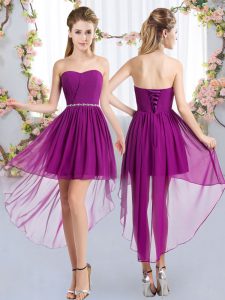  Sleeveless Chiffon High Low Lace Up Quinceanera Court Dresses in Purple with Beading