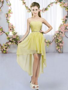  Sleeveless Chiffon High Low Lace Up Dama Dress for Quinceanera in Yellow with Beading