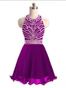 Delicate Eggplant Purple Chiffon Lace Up Halter Top Sleeveless Mini Length Evening Dress Beading