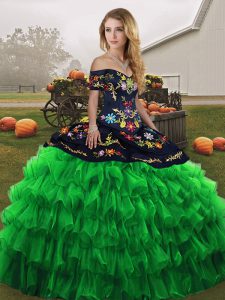 Glittering Off The Shoulder Sleeveless Quinceanera Dresses Floor Length Embroidery and Ruffled Layers Green Organza
