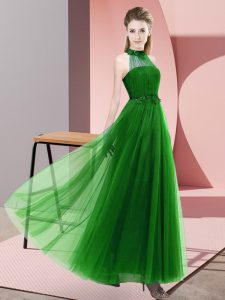 Romantic Floor Length Lace Up Dama Dress for Quinceanera Green for Wedding Party with Beading and Appliques