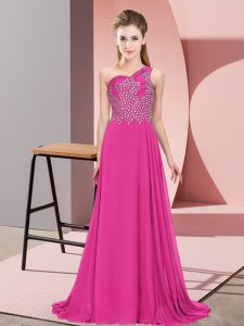  Sleeveless Chiffon Floor Length Side Zipper Prom Party Dress in Fuchsia with Beading