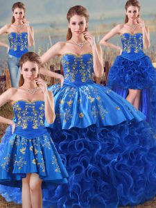  Fabric With Rolling Flowers Sweetheart Sleeveless Lace Up Embroidery and Ruffles Sweet 16 Dress in Royal Blue