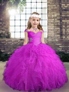  Straps Sleeveless Tulle Little Girl Pageant Dress Beading and Ruffles Lace Up