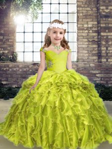 Dramatic Floor Length Ball Gowns Sleeveless Yellow Green Pageant Gowns For Girls Lace Up