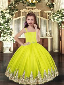  Sleeveless Tulle Floor Length Lace Up Little Girl Pageant Dress in Yellow Green with Embroidery