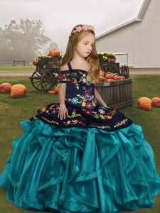 Fashion Teal Little Girl Pageant Gowns Party and Wedding Party with Embroidery and Ruffles Straps Sleeveless Lace Up
