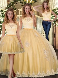 Romantic Sleeveless Tulle Floor Length Clasp Handle 15 Quinceanera Dress in Gold with Lace and Appliques