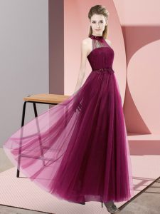 Extravagant Halter Top Sleeveless Lace Up Damas Dress Fuchsia Tulle