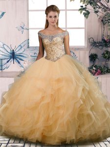 Exceptional Gold Sleeveless Beading and Ruffles Floor Length Ball Gown Prom Dress