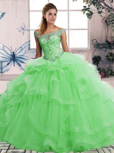  Green Vestidos de Quinceanera Military Ball and Sweet 16 and Quinceanera with Beading and Ruffles Off The Shoulder Sleeveless Lace Up