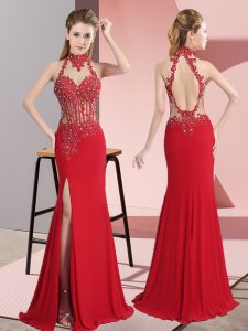  Red Backless Prom Dresses Lace and Appliques Sleeveless Floor Length