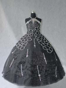 Superior Ball Gowns Quinceanera Gown Black Halter Top Organza Sleeveless Floor Length Lace Up