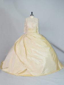  Yellow Taffeta Lace Up High-neck Long Sleeves Quinceanera Gown Brush Train Lace