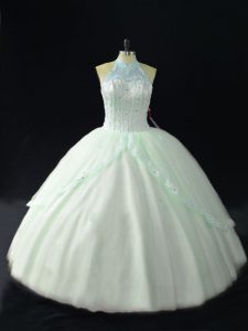  Apple Green Tulle Lace Up Sweet 16 Dresses Sleeveless Floor Length Beading