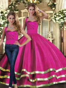  Fuchsia Sleeveless Floor Length Ruffled Layers Lace Up Quince Ball Gowns