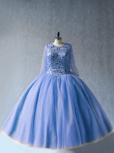  Blue Scoop Lace Up Beading Quince Ball Gowns Long Sleeves
