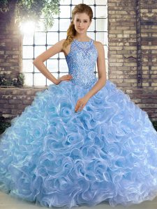 Modest Scoop Sleeveless Fabric With Rolling Flowers 15 Quinceanera Dress Beading Lace Up