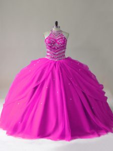 Fancy Fuchsia 15 Quinceanera Dress Sweet 16 and Quinceanera with Beading Halter Top Sleeveless Lace Up