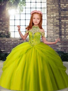 Glorious Floor Length Olive Green Child Pageant Dress Tulle Sleeveless Beading