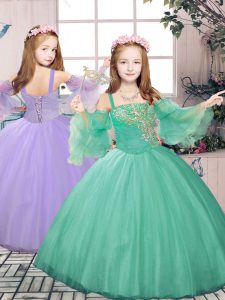 Custom Designed Floor Length Turquoise Little Girls Pageant Gowns Tulle Sleeveless Beading and Appliques