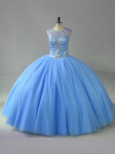 Designer Blue Lace Up Scoop Beading Quince Ball Gowns Tulle Sleeveless