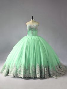 Dazzling Ball Gowns Sleeveless Apple Green 15th Birthday Dress Court Train Lace Up
