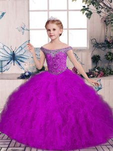 Custom Design Purple Tulle Lace Up Girls Pageant Dresses Sleeveless Floor Length Beading and Ruffles