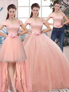 Cute Pink Ball Gowns Off The Shoulder Short Sleeves Tulle Floor Length Lace Up Lace and Hand Made Flower Vestidos de Quinceanera