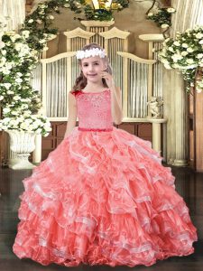 Customized Lace and Ruffled Layers Little Girls Pageant Dress Wholesale Watermelon Red Zipper Sleeveless Floor Length