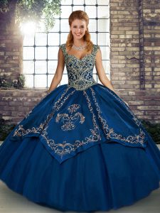  Straps Sleeveless Sweet 16 Quinceanera Dress Floor Length Beading and Embroidery Blue Tulle