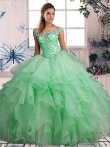  Apple Green Ball Gowns Organza Off The Shoulder Sleeveless Beading and Ruffles Floor Length Lace Up 15th Birthday Dress