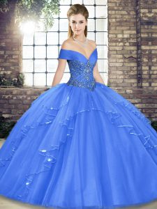 Low Price Sleeveless Tulle Floor Length Lace Up Ball Gown Prom Dress in Blue with Beading and Ruffles