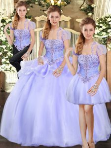  Strapless Sleeveless Sweet 16 Quinceanera Dress Floor Length Beading and Appliques Lavender Organza