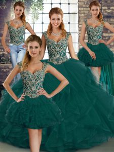  Floor Length Lace Up Quinceanera Dresses Peacock Green for Military Ball and Sweet 16 and Quinceanera with Beading and Ruffles