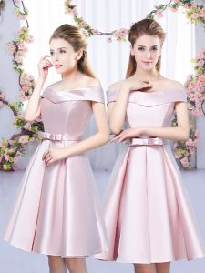 Cute Baby Pink Lace Up Off The Shoulder Bowknot Quinceanera Court of Honor Dress Satin Sleeveless