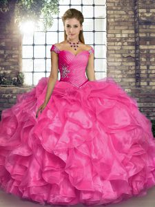  Floor Length Lace Up 15 Quinceanera Dress Hot Pink for Military Ball and Sweet 16 and Quinceanera with Beading and Ruffles