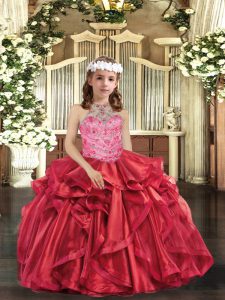 Adorable Red Ball Gowns Beading and Ruffles Little Girl Pageant Gowns Lace Up Organza Sleeveless Floor Length