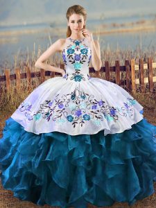 Spectacular Blue And White Sleeveless Floor Length Embroidery Lace Up 15th Birthday Dress
