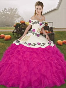  Fuchsia Off The Shoulder Lace Up Embroidery and Ruffles 15 Quinceanera Dress Sleeveless