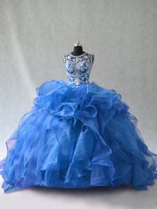 Delicate Ball Gowns Quinceanera Gowns Blue Scoop Organza Sleeveless Floor Length Lace Up