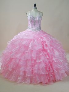 Sumptuous Organza Halter Top Sleeveless Lace Up Embroidery and Ruffled Layers Ball Gown Prom Dress in Baby Pink