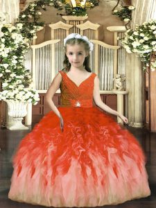 Gorgeous Sleeveless Tulle Floor Length Backless Child Pageant Dress in Rust Red with Beading and Ruffles