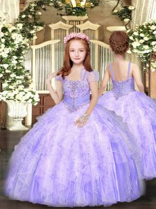 Fashion Lavender Ball Gowns Tulle Straps Sleeveless Beading and Ruffles Floor Length Lace Up Pageant Gowns For Girls