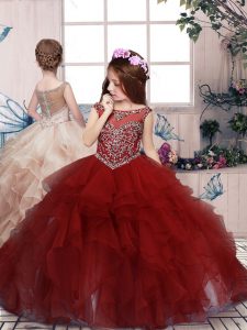  Red Organza Lace Up Scoop Sleeveless Floor Length Little Girls Pageant Dress Beading and Ruffles