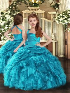  Baby Blue Lace Up Pageant Gowns For Girls Ruffles and Ruching Sleeveless Floor Length