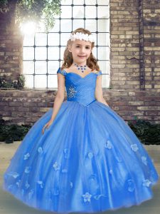  Floor Length Blue Little Girl Pageant Gowns Straps Sleeveless Lace Up